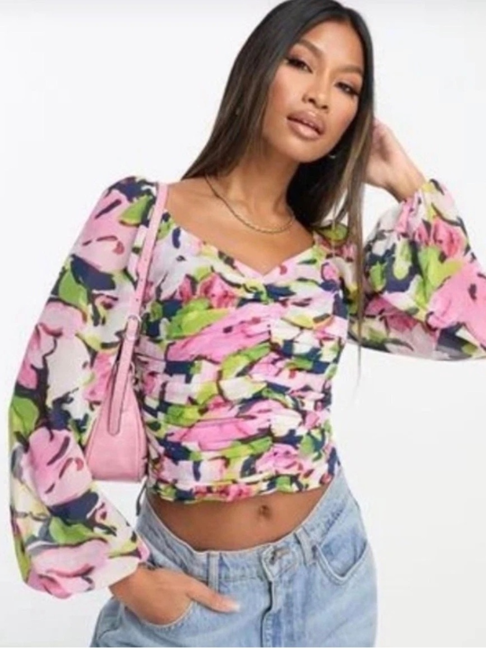 Abercrombie & Fitch Floral Ruched Long Sleeve Crop Top Pink Green Small